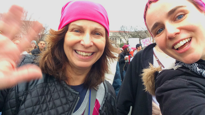 erica and mom waving to the camera in Washington, DC | Women's March