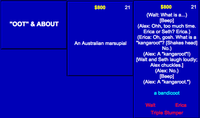 erica dreisbach | OOT and ABOOT | Australian marsupial | Kangaroot clue on Jeopardy