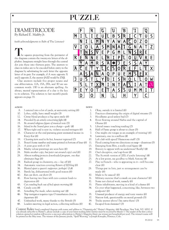 answers to the March 2017 Harper's cryptic crossword puzzle | Diametricode | Tacky Harper's Cryptic Clues