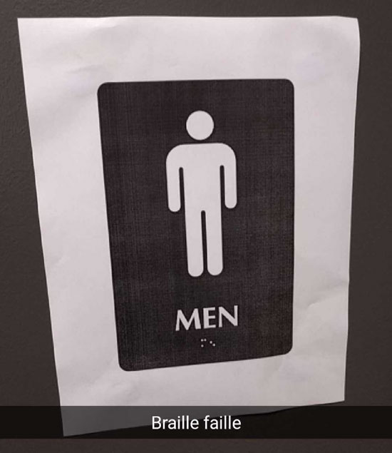 image: a black and white printout of the male bathroom symbol and MEN written in English and in Braille | caption: Braille faille