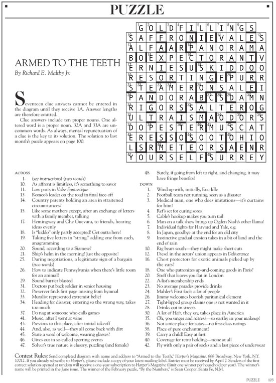 answers to the April 2017 Harper's cryptic crossword puzzle | Armed to the Teeth | Tacky Harper's Cryptic Clues