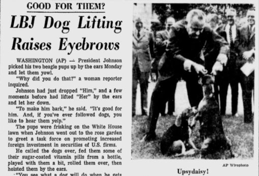 news article concerned with LBJ lifting pet beagles by the ears | Tacky Harper's Cryptic Clues