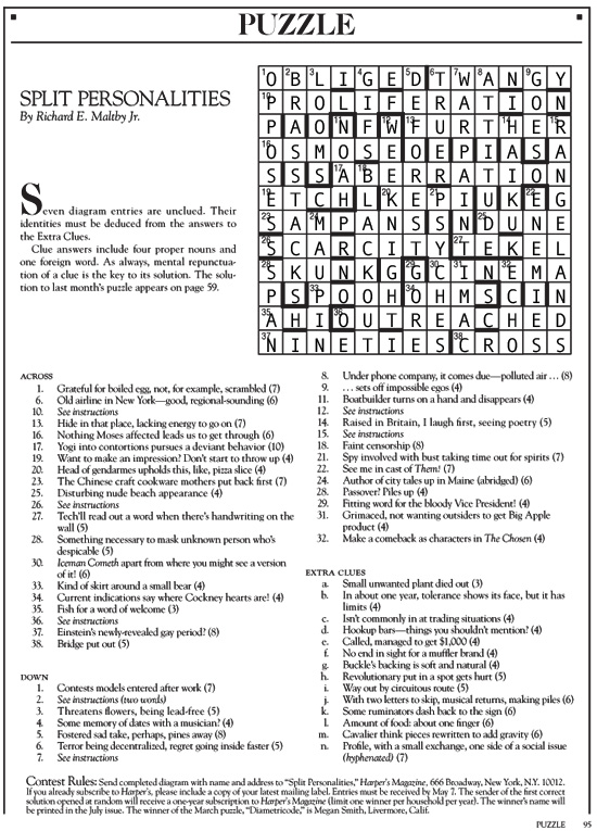 answers to the May 2017 Harper's cryptic crossword puzzle | Split Personalities | Tacky Harper's Cryptic Clues