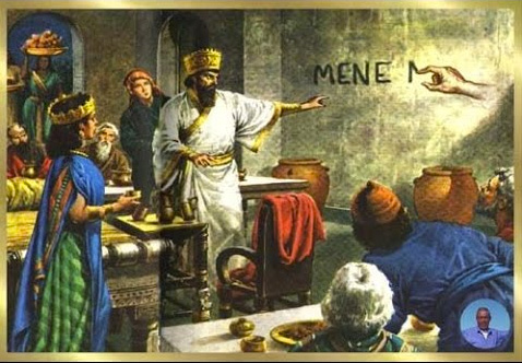 ilustration of the prophet Daniel reading the word MENE written on the wall | Tacky Harper's Cryptic Clues