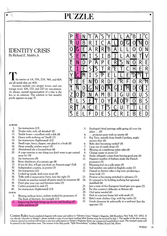 answers to the July 2017 Harper's cryptic crossword puzzle | Identity Crisis | Tacky Harper's Cryptic Clues