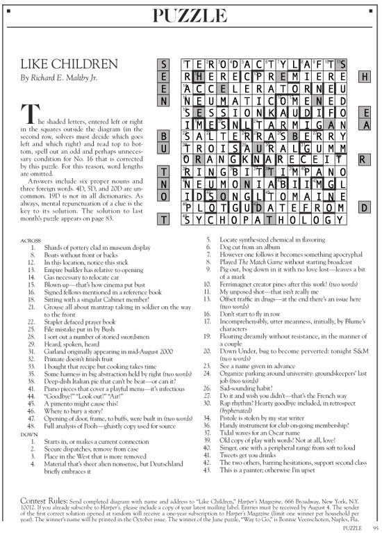 answers to the August 2017 Harper's cryptic crossword puzzle | Like Children | Tacky Harper's Cryptic Clues